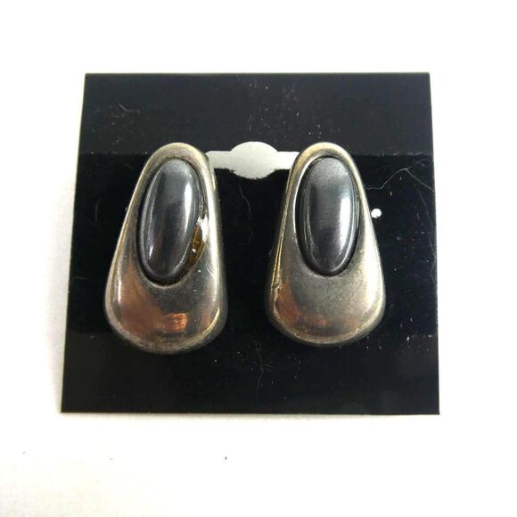 Silver Pewter Grey Two Tone Oblong Modernist Stud Pierced Earrings Mod Funky - Picture 1 of 5